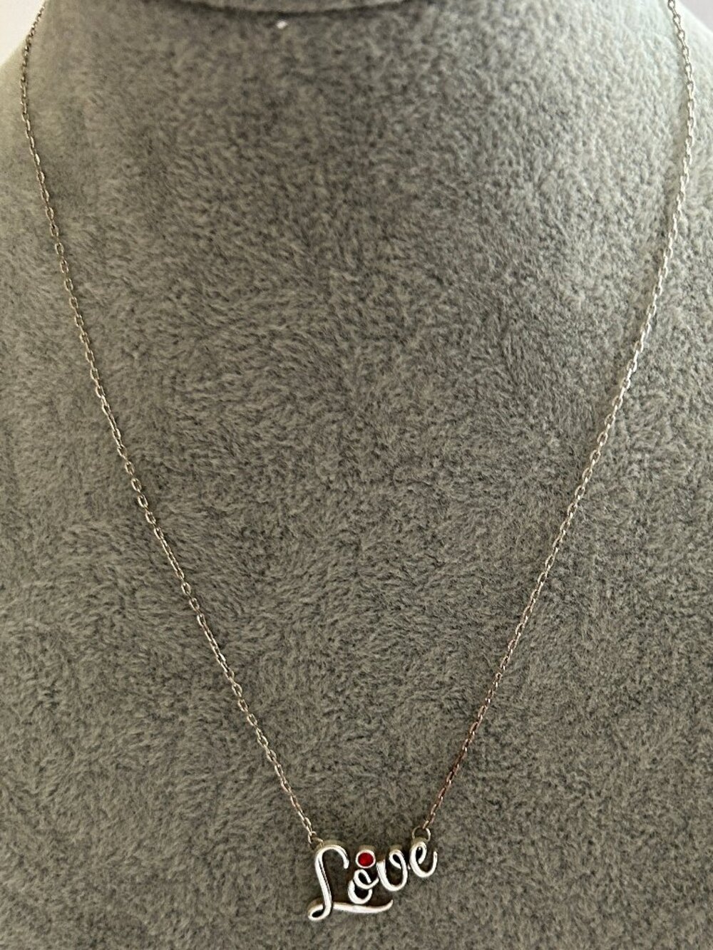 NWT Brighton Rare LOVE Script Dainty Necklace w/ red stone & pouch